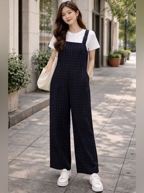 CLUB MONACO Navy Windowpane Check Jumpsuit Wide Leg 8 90s Y2K Overalls Parisian